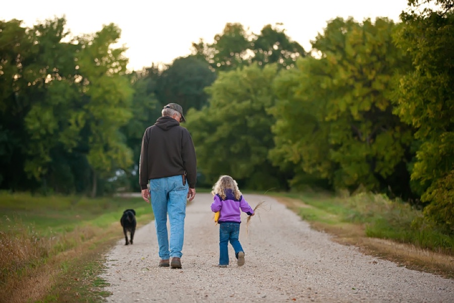 A grandfather and grandchild walking a country road with their dog